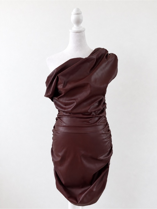 Micas Dresses & Skirts - Micas Faux Leather Ruched Boat Neck Asymmetrical Sleeveless Mini Dress Maroon